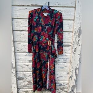 Vintage 80s American Design Floral Wrap BoHo Classic Midi USA Career Dress 12